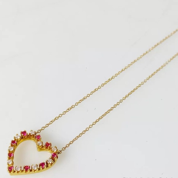 🌹SOLD! ❌ 18K Open Heart Red Ruby Diamond Necklace - Picture 3 of 11